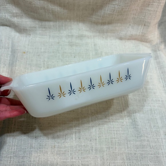 Vintage Fire-King Milk Glass Loaf Pan Starburst Atomic Blue Gold MCM Bakeware - Picture 6 of 8